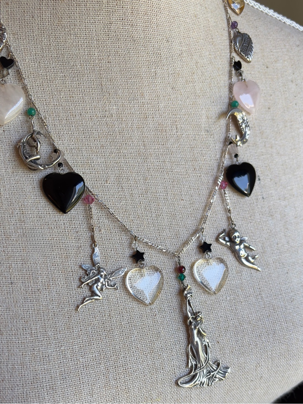 🆕Vintage Sterling Silver Charm Necklace – 15 Charms, Semiprecious Stones